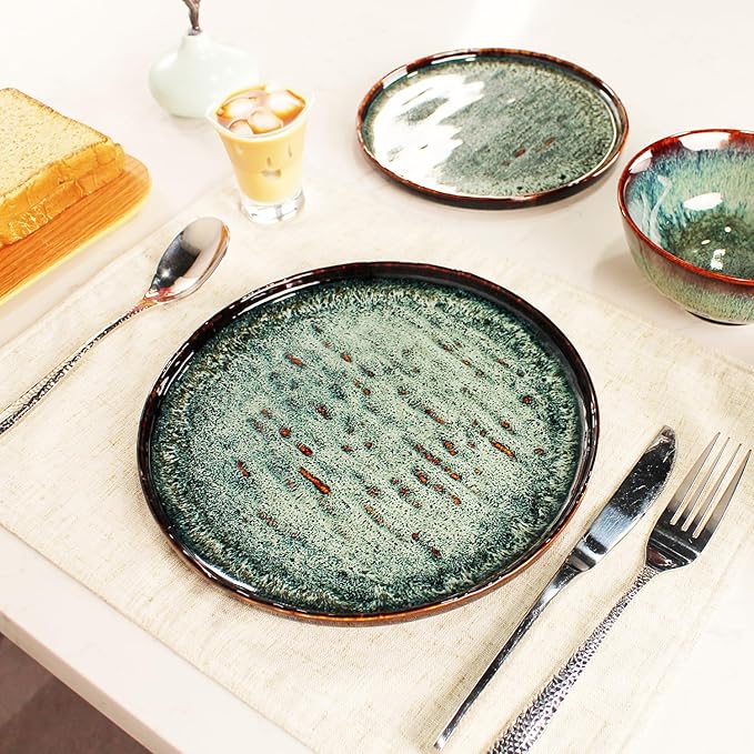 Dinner Set 12 Pieces - Round Reactive Glaze Tableware - Kitchen Dinnerware Porcelain Crockery with Dinner Plate, Bowl and Soup Plate Service for 4, Microwave Dishwasher Safe, Set (No.3)
