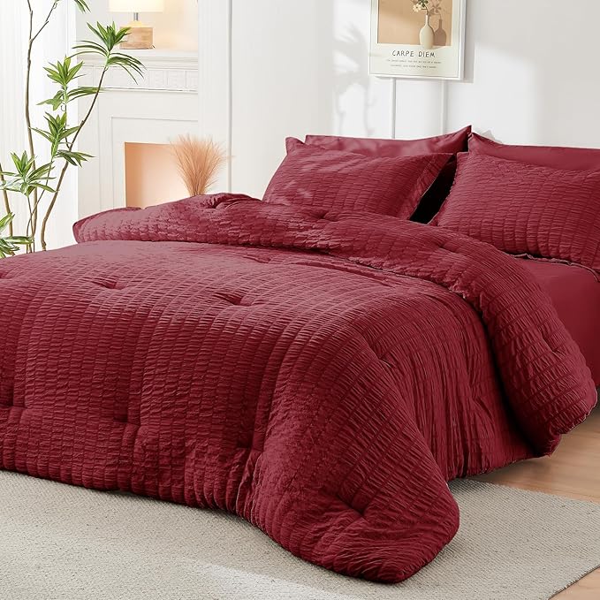 HYMOKEGE Burgundy Twin Comforter Set Seersucker 5 Pieces, All Season Luxury Bed in a Bag for Bedroom, Bedding Set with Comforters, Sheets, Pillowcase & Sham