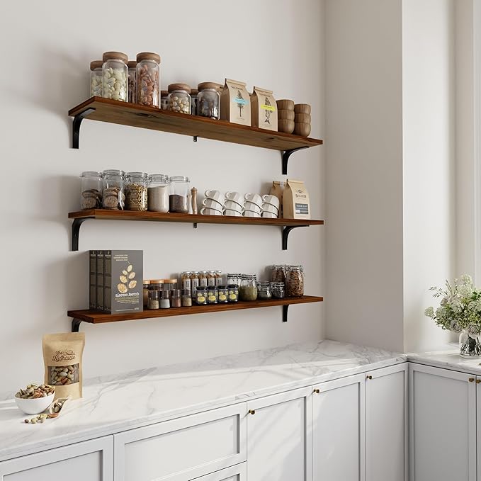 Wall Shelves 12x48 Inch Floating Wood Shelving for Living Room, Kitchen, Bedroom Office - Rustic Walnut Farmhouse 3-Pack, Heavy Duty 100 lbs, Easy Install