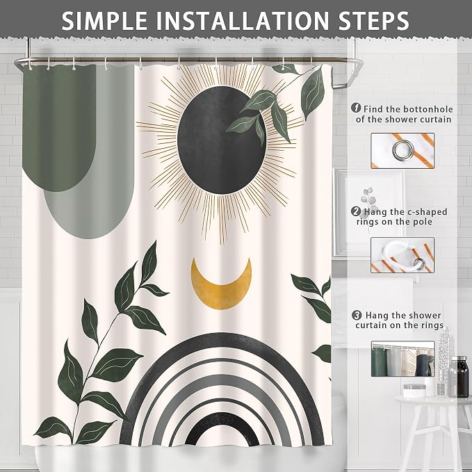 Mid Century Abstract Boho Aesthetic Shower Curtain Set, Gray Nature Leaf Sun Modern Minimalist Home Bathroom Curtain Decor with 12 Hooks 84 Inch Wide * 72 Inch High Grey