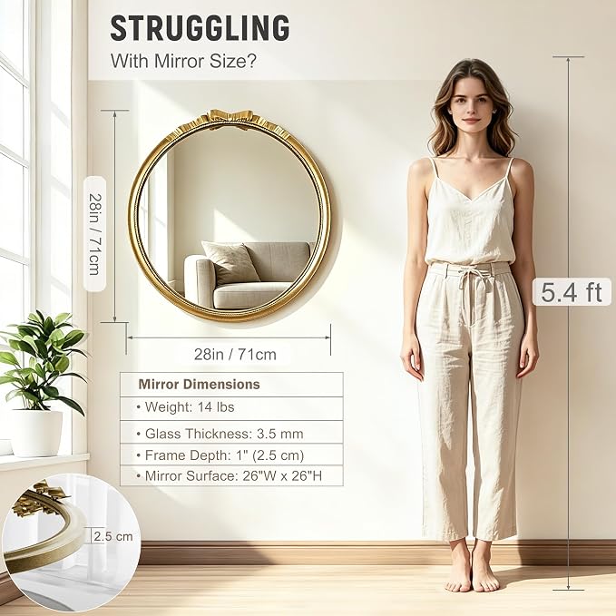 Vintage Gold Round Bow Mirror 28" – Decorative Metal Frame Circle Mirror with Beaded & Beveled Design, Antique Baroque Wall Mirror for Living Room, Bedroom, Bathroom, Entryway