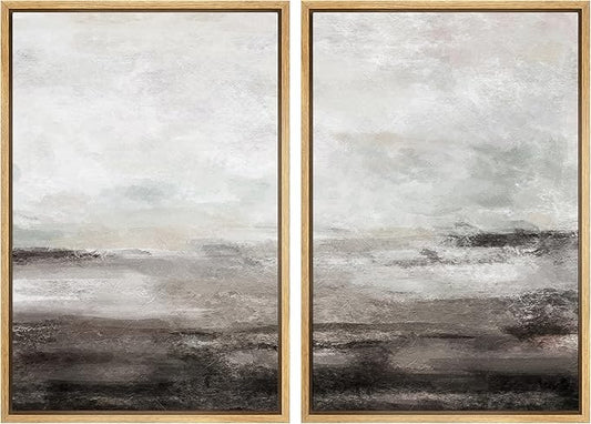 MUDECOR Framed Wall Art Print Set Brown and Gray Grunge Paint Stroke Landscape Abstract Shapes Illustrations Modern Minimalist Chic Relax/Calm for Living Room, Bedroom, Office - 16"x24"x2 Natural
