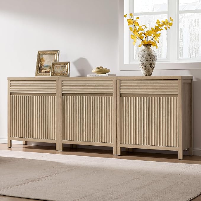 SICOTAS Sideboard Buffet Cabinet with Drawer - 87" Fluted Sideboard Modern Credenza with Doors & Adjustable Shelves, Farmhouse Coffee Bar Media Console for Living Room Kitchen Entryway, Light Oak