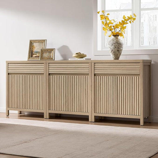 SICOTAS Sideboard Buffet Cabinet with Drawer - 87" Fluted Sideboard Modern Credenza with Doors & Adjustable Shelves, Farmhouse Coffee Bar Media Console for Living Room Kitchen Entryway, Light Oak