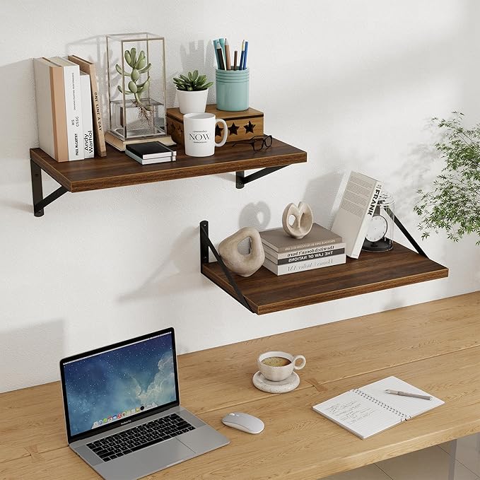 Floating Shelves, 12 Inch Deep Rustic Wood Wall Storage, 24W x 12D Wall Shelves Set of 2, Heavy Duty Metal Brackets, Large Industrial Book Shelf for Living Room, Kitchen, Bedroom, Walnut
