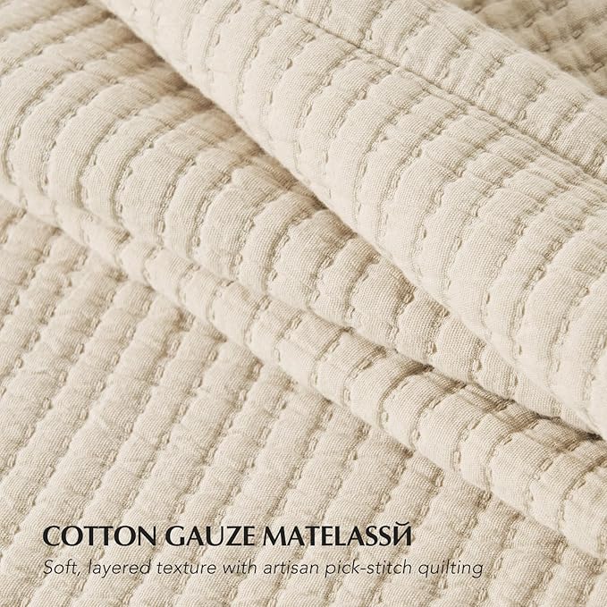 EVERGRACEHOME Cotton Gauze King Bedspread, Ultra Soft Prewashed Pick Stitch Matelassé Coverlet, Lightweight Textured Oversized King Quilt Bedding Set for All Season, with 2 Shams, Soft Oat
