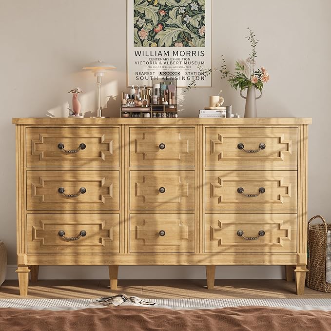 9 Drawer Dresser for Bedroom, 35.7" Tall Dresser & Chest of Drawers wtih Vintage Surface, Closet Storage Cabinet for Living Room, Hallway, Natural Oak
