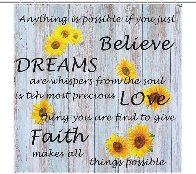 Farmhouse Sunflower Inspirational Quotes Shower Curtain Flower Wooden Background Waterproof Shower Curtains for Bathroom Decor 12 Pack Hooks 72x72in (183x183cm)