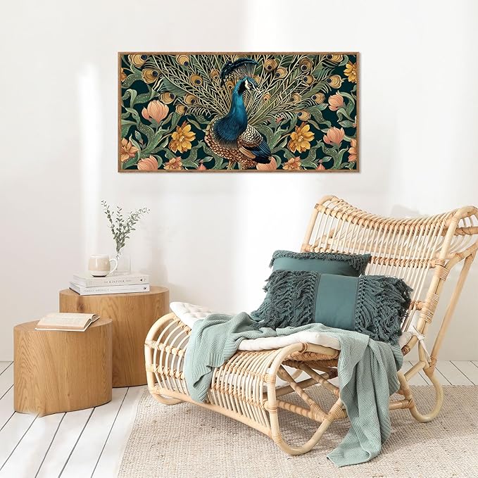 HLNIUC Peacock Wall Art Canvas,Vintage Animal Wall Art Flower,Peacock Artwork Framed,Animal Feather Artwork,Elegent Peacocks Poster Floral,Green Gold Peafowl Painting for Living Room,Home Office 20*40