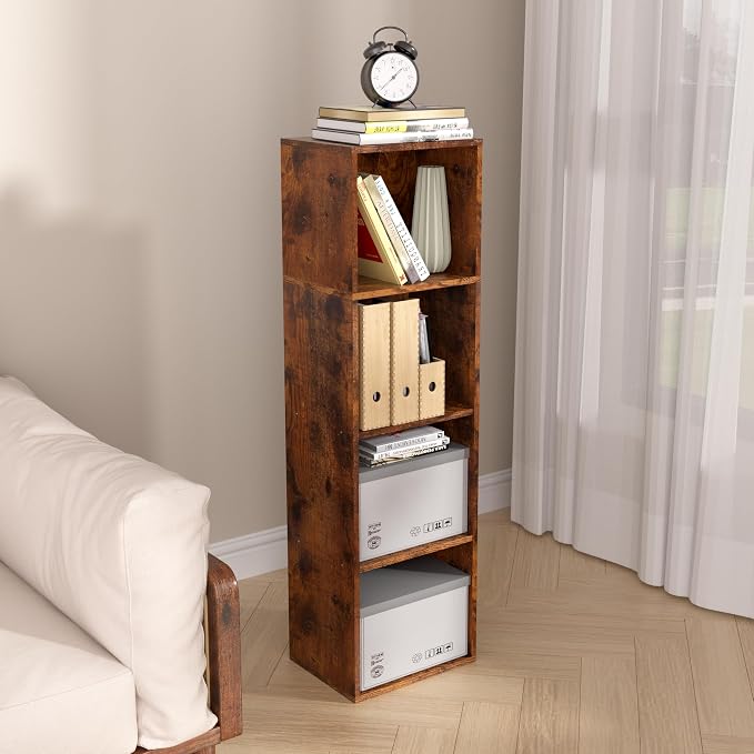 Wooden 4 Cube Storage Organizer, 4 Tier Storage Cubes Storage Display Cubby, Freestanding DIY Closet Shelving Unit for Living Room Bedroom Office(Retro Brown, 4 Cube-W(11.8inch)