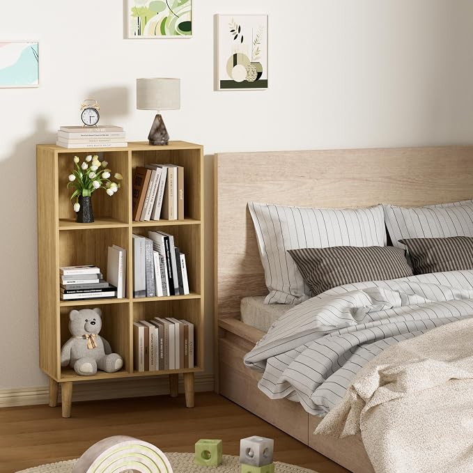 6 Cube Bookcase, Wooden Book Shelf Cube Storage Organizer with Legs, 3 Tier Bookshelf Freestanding Open Shelves for Bedroom, Living Room and Home Office (Oak, 6 Cube Vertical)