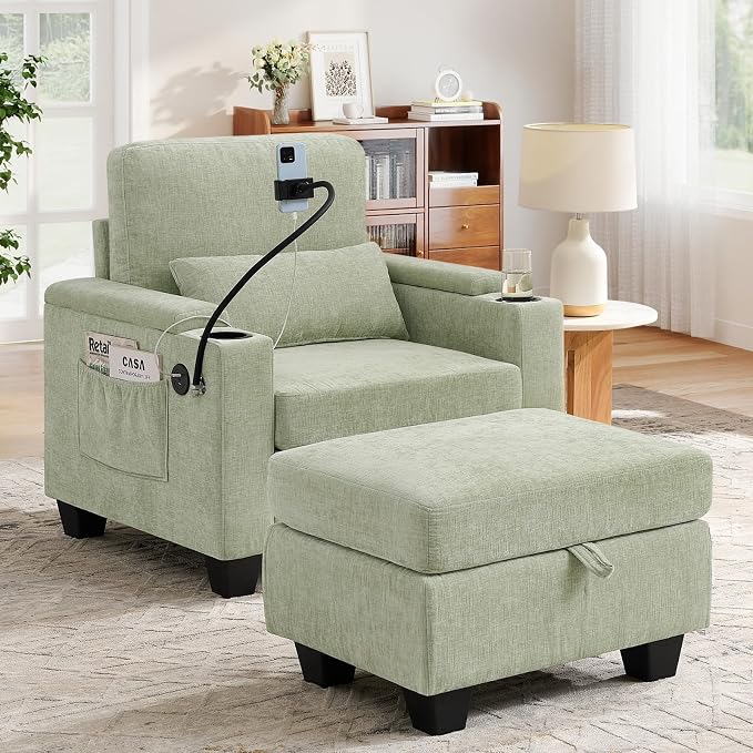 Small Chaise Lounge Chair Indoor with Ottoman&Adjustable Backrest,Chenille Tufted Recliner Comfy Sofa Chair with USB,Phone Holder&Storage Arms,Convertible Sleeper Couch Bed for Living Room(37"W,Cyan)