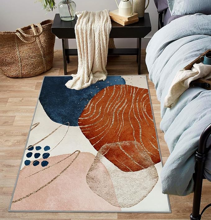 Ansouyi Orange Blue and Gold Non-Slip 5x7 ft Area Rugs, Washable Rug Carpet for Living Room, Terracotta Abstract Modern Art Home Decor Rugs for Game Room Classroom Bedroom Dining Kindergarten Room