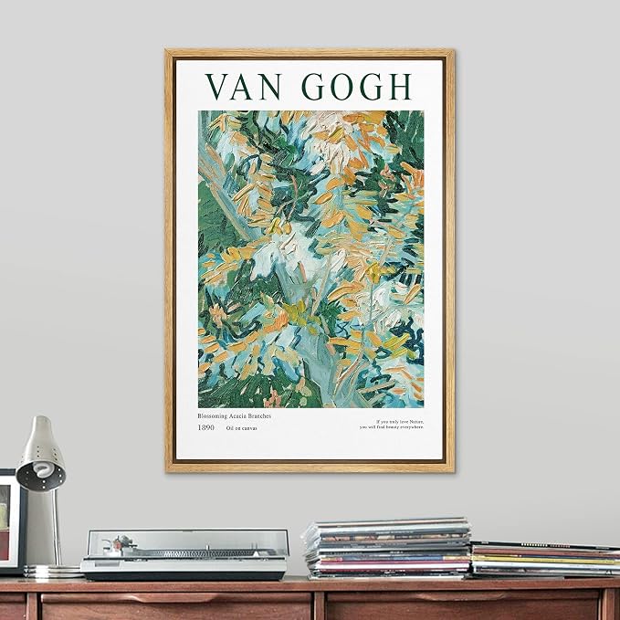 SIGNLEADER Framed Canvas Print Wall Art Blossoming Acacia Branches Floral Plants Illustrations Expressionism Chic Relax/Calm Multicolor for Living Room, Bedroom, Office - 16"x24" NATURAL