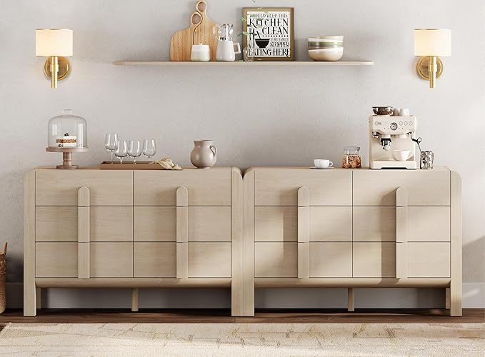 WAMPAT 94.4" W Buffet Cabinet with 12 Drawers, Modern Sideboard Buffet Cabinet with Storage, Buffet Table Coffee Bar Wine Bar Storage Cabinet for Dining Room, Living Room, Hallway, Light Oak