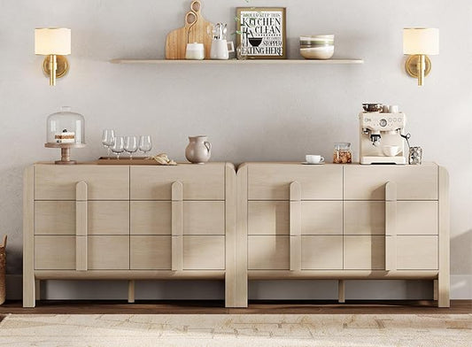 WAMPAT 94.4" W Buffet Cabinet with 12 Drawers, Modern Sideboard Buffet Cabinet with Storage, Buffet Table Coffee Bar Wine Bar Storage Cabinet for Dining Room, Living Room, Hallway, Light Oak