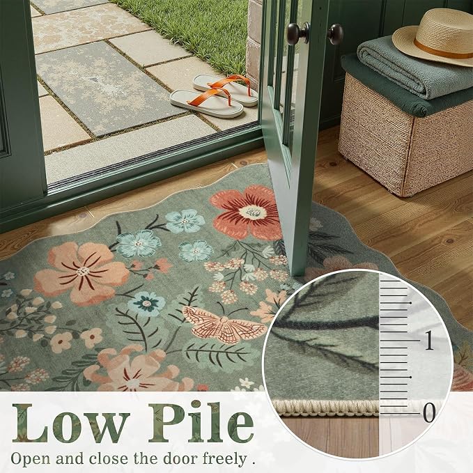 DCX Vintage Floral Rug 3x5, Washable Sage Green Rug for Living Room, Kid & Pet Friendly with Rubber Back Non Slip, Soft Low Pile Carpet, Stain Resistant Rug for Kitchen, Bedroom, Laundry, Bathroom