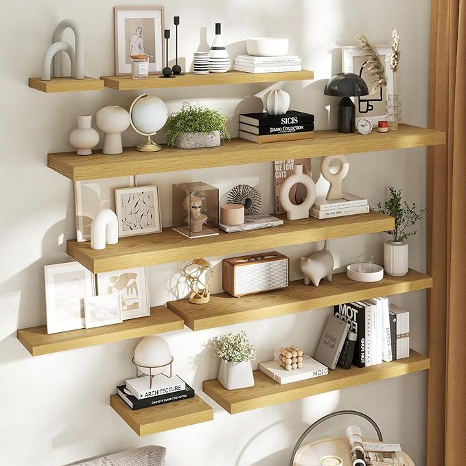 Floating Shelves for Wall with Invisible Brackets, Wall Mounted Engineered Wood Shelves with Wood Grain for Living Room, Bedroom, Bathroom, Kitchen Decor and Storage, Oak, 55"L Set of 2, Oak