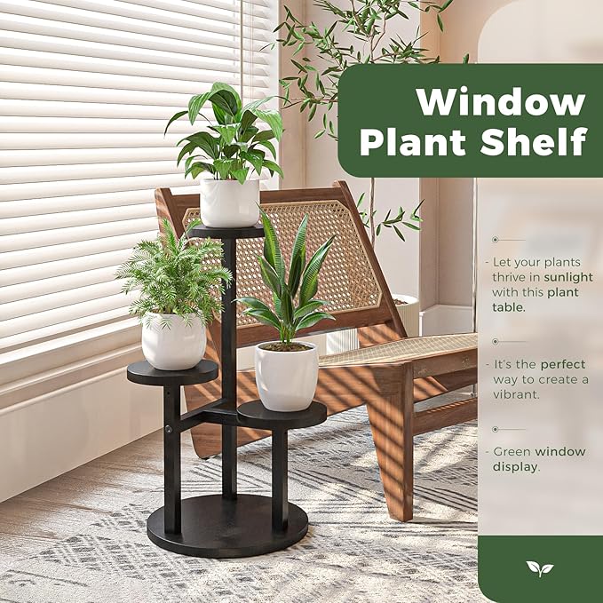 Bamworld 3 Tier Plant Stand Indoor, Corner Wood Plant Shelf for Multiple Plants, Small Tiered Round Flower Stand for Patio Garden Balcony Living Room Bedroom, Black