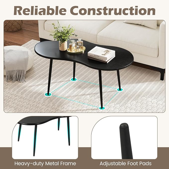 Giantex Small Coffee Table, 39.5" Cloud Center Table with Metal Frame, Unique Irregular Accent Cocktail Tea Table, Modern Wood Coffee Table for Living Room, Small Spaces (Black)
