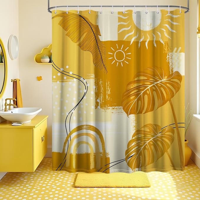 Yellow Shower Curtain Mustard Bohemian, 60x72 Inchs | Abstract Design, Mid Century Modern Pattern Theme, Bathroom Decor Sets, Waterproof Cloth Fabric, with Hooks