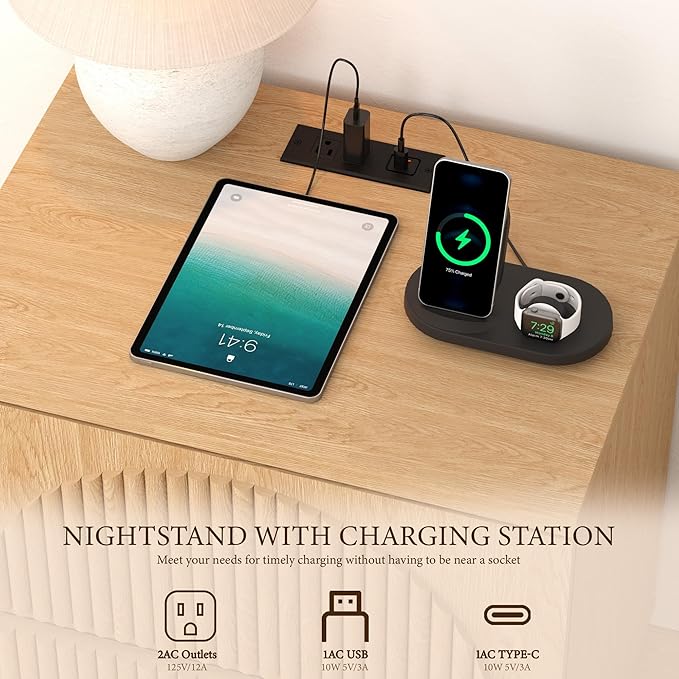 Nightstand with Drawers Set, 2-Drawer Arched Fluted Nightstand with Charging Station, Wooden Night Stand with Storage,Modern Furniture for Bedroom Organization