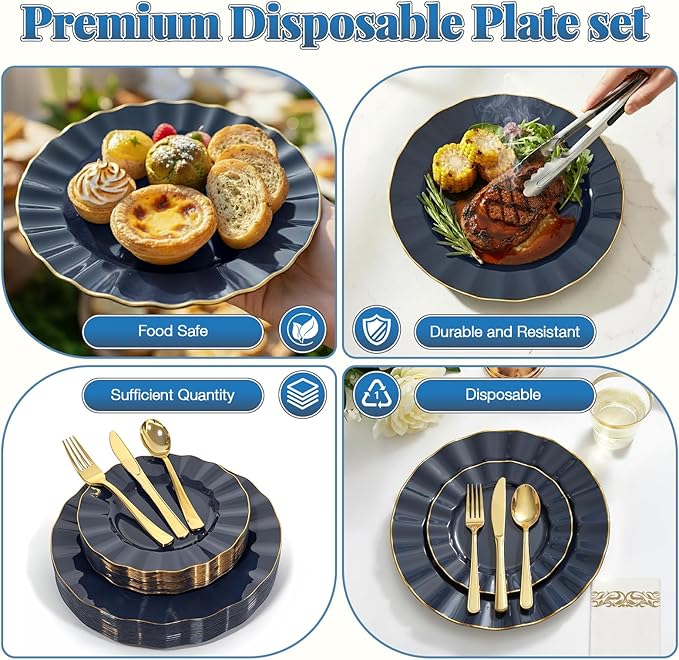 175 Plastic Dinnerware Set, Disposable Dinnerware Set for 25 Guests Include 50 Plastic Plates,25 Silverware Set,25 Cups and 25 Napkins for Christmas,Party,Wedding(Navy Blue and Gold)