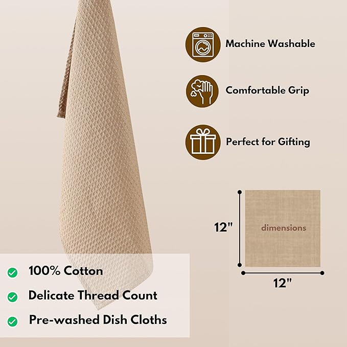 Native Fab Waffle 12 Pack Dish Cloths - 100% Cotton, Absorbent, Quick Drying, Washable Towels for Cleaning, Cooking & Baking - Great for Daily Use, Home, Restaurants, Cafes - 12" x 12" - Beige