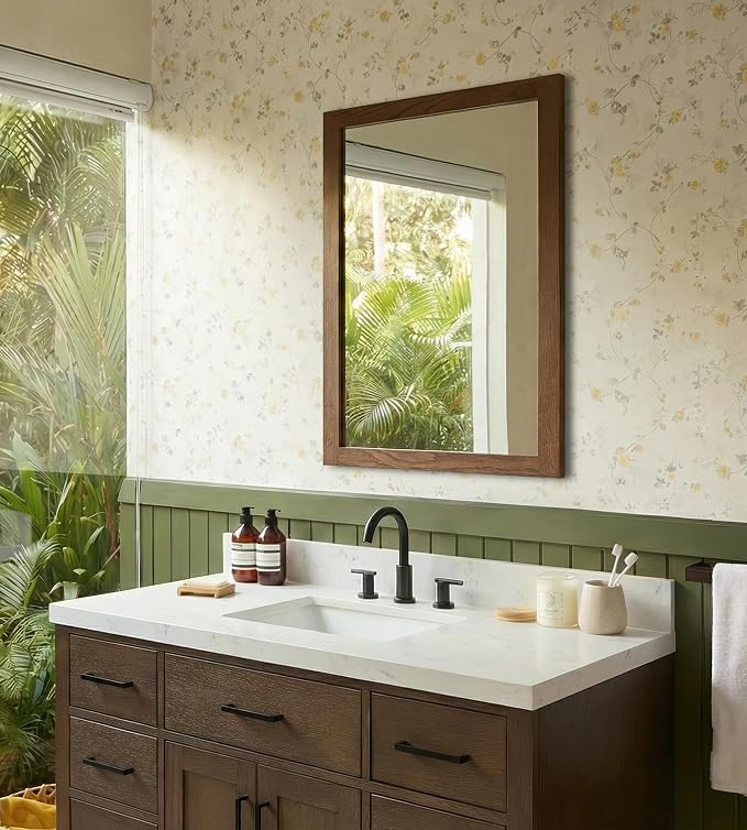 ARIEL Rectangular Wooden Mirror 24" x 36" in Brown Oak, Flexible Horizontal/Vertical Hanging for Bathroom, Vanity, Entryway & Living Room Decor, Farmhouse Style