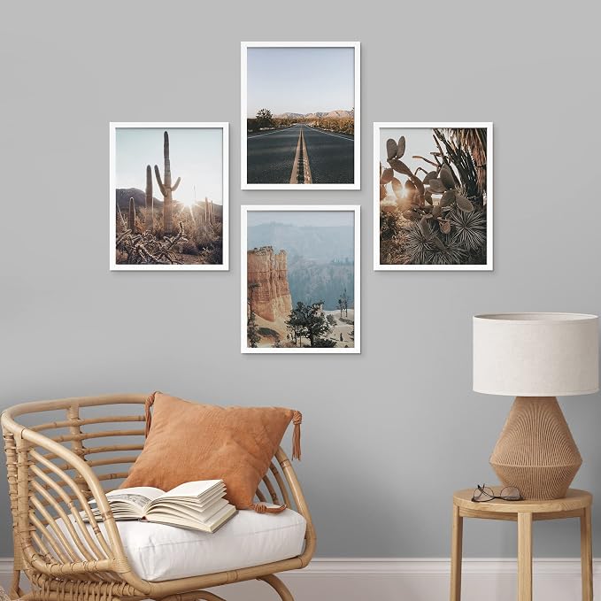 SIGNWIN Framed Cactus Desert Landscape Wall Art, Set of 4 Southwest Texas Arizona Saguaro Wall Decor Prints, Nature Wilderness Wall Décor for Living Room, Bedroom - 8"x10"x 4 White