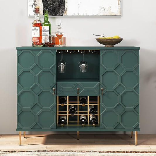 Modern Bar Cabinet with Drawer, Liquor Cabinet with Wine Glass Racks and Shelves, Geometric Door Buffet Sideboard for Dining Room, Living Room, Kitchen, Green