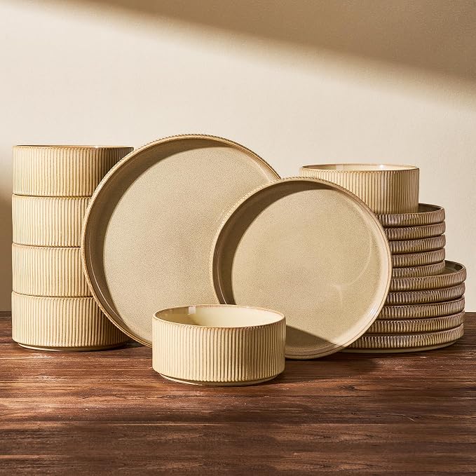 Stoneware Plates and Bowls Dishes Sets Service for 6 (18-Piece), Famiware Premium Handcrafted Reactive Glaze Dinnerware Set with Raised Rim, Scratch Resistant, Microwave Dishwasher Safe, Cream