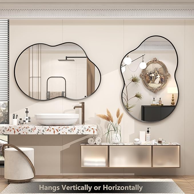 40x24 Black Irregular Wall Mirror, Black Matte Asymmetrical Bathroom Mirror, Decorative Framed Mirror for Bathroom Bedroom Entryway, Shatterproof, Anti-Rust (Horizontally/Vertically)