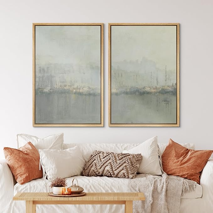 IDEA4WALL Framed Canvas Print Wall Art Set Abstract Skyline Cityscape Art in Muted Gray and Soft Blue Tones Illustrations Modern Art Decorative Coastal Cottage Seascape for Bedroom - 16"x24"x2 NATURAL