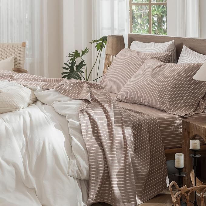 MooMee Striped Sheet Set 100% Washed Cotton Linen Like Textured Breathable Durable Soft Comfy (Dark Orange White Wide Stripes, Queen)
