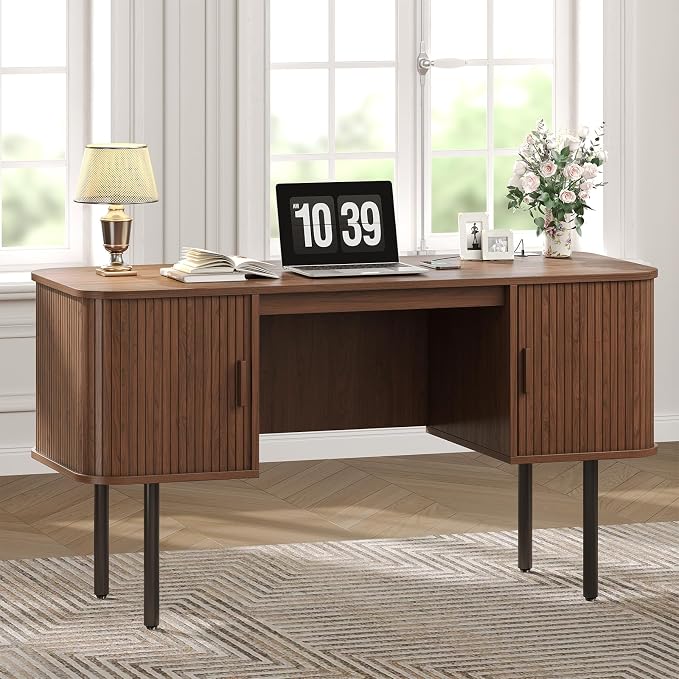 63 Inch Fluted Computer Desk with Power Outlets,Mid Century Wood Office Desk with Storge Cabinets & Sliding Door,Large Executive Desk for Office, Study, Living Room, Bedroom, Walnut