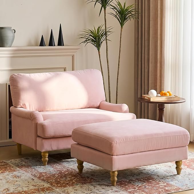 Bezseller Oversized Chair Indoor with Ottoman, 46" W Upholstered Armrest Sofa, Big Comfy Lounge Sofa Deep Seat Sleeper Chair for Living Room, Apartment, Bedroom, Reading Room(Pink)