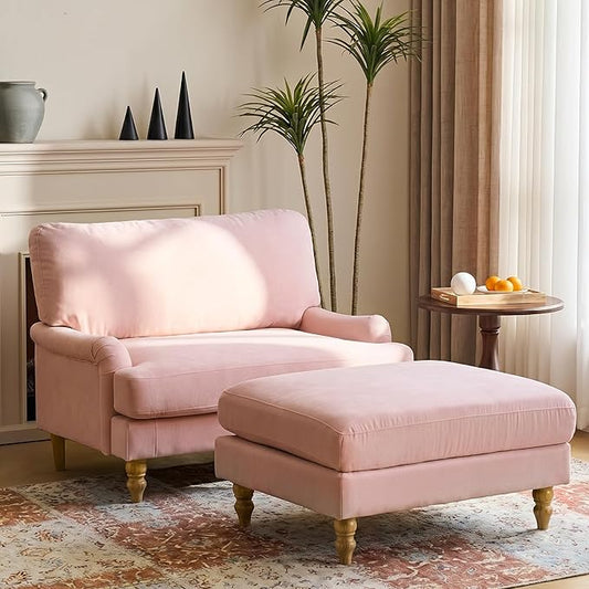 Bezseller Oversized Chair Indoor with Ottoman, 46" W Upholstered Armrest Sofa, Big Comfy Lounge Sofa Deep Seat Sleeper Chair for Living Room, Apartment, Bedroom, Reading Room(Pink)