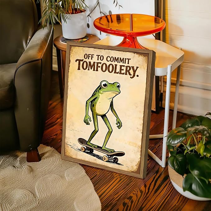 Funny Frog Skateboard Wall Art Cute off to Commit Tomfoolery Signs Wall Decor Painting, Funky Frog Animal Poster Canvas Print Picture for Living Room Bedroom 16x24 inch Wood Framed