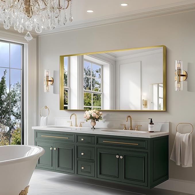 CIRCUMI Gold Bathroom Mirror, 30"x60" Rectangular Mirror with Deep Metal Frame, Brushed Finish, Tempered Glass, Large Mirror for Wall, Over 2 Sinks, Installed Vertically/Horizontally, Crystal-Clear