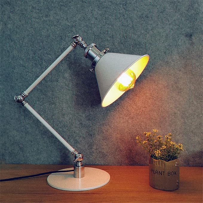 Makeup Vintage Desk Lamp, Industrial Metal Task Table Lamp with Adjustable Swing Arm, Bedroom Bedside Night Light Cafe Retro Reading Lighting,White