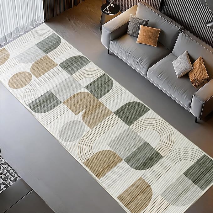 Machine Washable 2.7x10 Runner Rug, Soft Modern Geometric Abstract Beige Rugs for Bedroom Living Room, Non-Shedding Faux Wool Indoor Throw Floor Carpet for Office Entryway Dining Room Decor