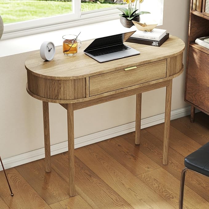 SoarFlash 39 Inch Small Computer Desk with Drawer, Mid-Century Modern Writing Desk with Solid Wood Legs - Compact Home Office Desk & Makeup Vanity for Small Space, Bedroom Study Table in Brown