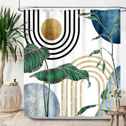Boho Plant Shower Curtain,Mid Century Blue Green Plant Leaves Shower Curtain Set for Bathroom,Bohemian Modern Abstract Minimalist Fabric Bath Curtain with Hooks,72x78Inch