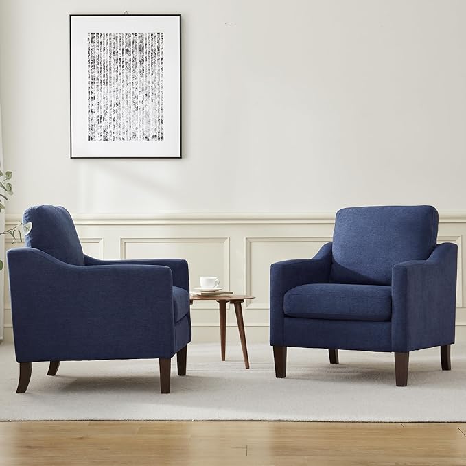 VKNOW Mid Century Modern Accent Chair, Upholstered Living Room Chairs Armchair for Bedroom, Comfy Reading Accent Chairs with Wood Legs for Living Room (2, Navy Blue)