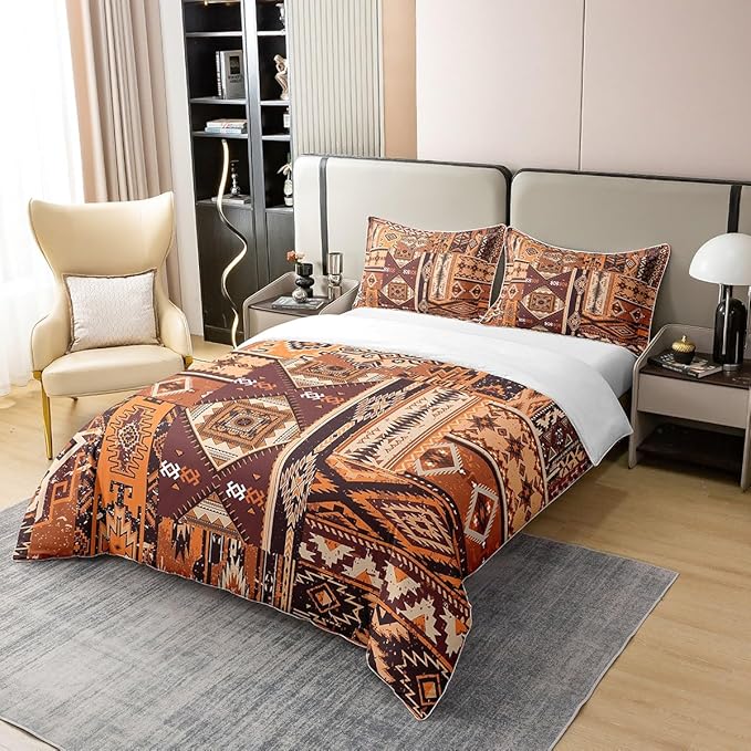 100% Cotton Native American Duvet Cover Queen Traditional Bedding Set Tribal Ethnic Grunge Vintage Aztec Comforter Cover Brown Yellow Indian Bedroom Decor Abstract Geometric Quilt Cover for Adult Man