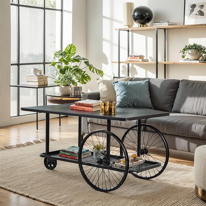 Steampunk-Inspired Mobile Storage Serving Cart - Black Metal Iron Top - 39.37" x 23.62" - Welded Construction Heavy Duty Locking Casters - 2-Tier Open Shelf - Movable Coffee Bar Table