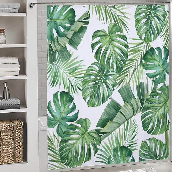 Tropical Leaves Shower Curtain,Mid Century Green Palm Banana Leaf Plant Botanical Shower Curtains for Bathroom Waterproof Polyester Fabric Bathroom Curtain,72x78Inch