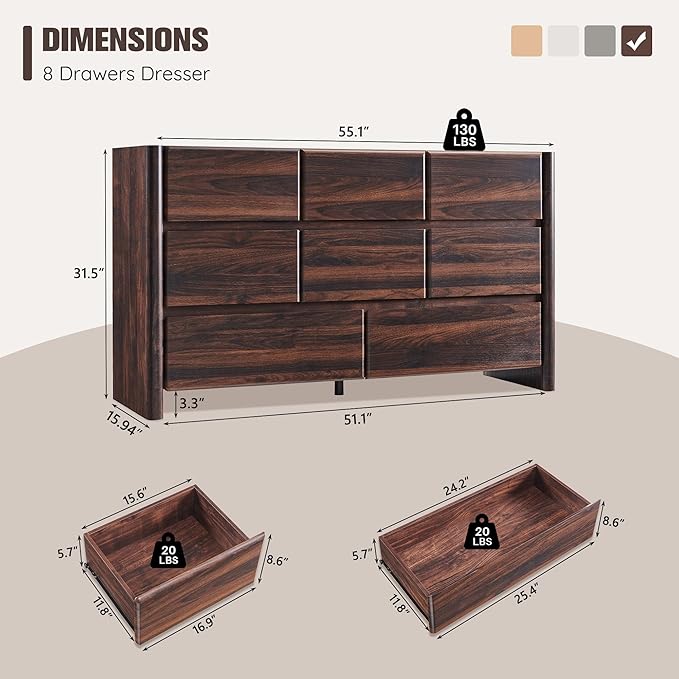 Modern 8 Drawers Dresser for Bedroom, 55" Wide Dresser w/Large Storage & Rounded Corner, Wood Handleless Chests of Drawers w/Natural Texture for Bedroom, Hallway, Living Room-Brown