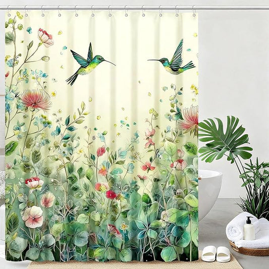 Green Leaf Flowers Shower Curtain Hummingbird Shower Curtains for Bathroom Waterproof Fabric Bath Curtain Decor with Hooks
